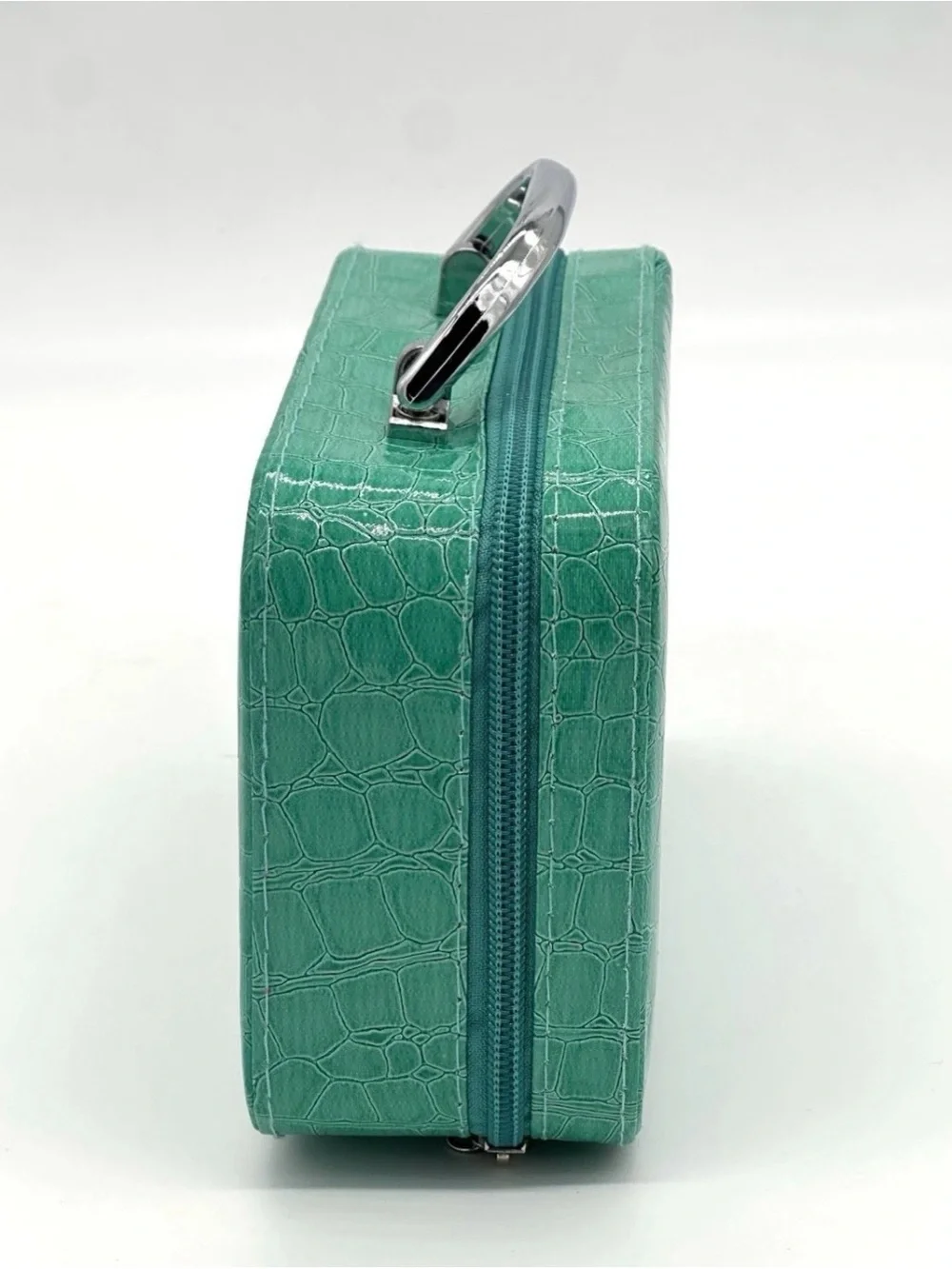 Green Croc-Embossed Travel Jewelry Cosmetic Case with Leopard Interior 4 pc Set
